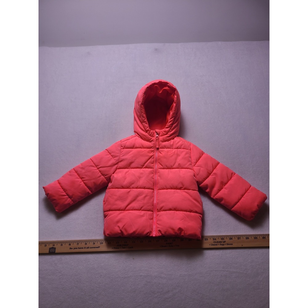 The Children's Place 2T Puffer Jacket Neon Coral Pink Quilted Hooded Zip Up Coat